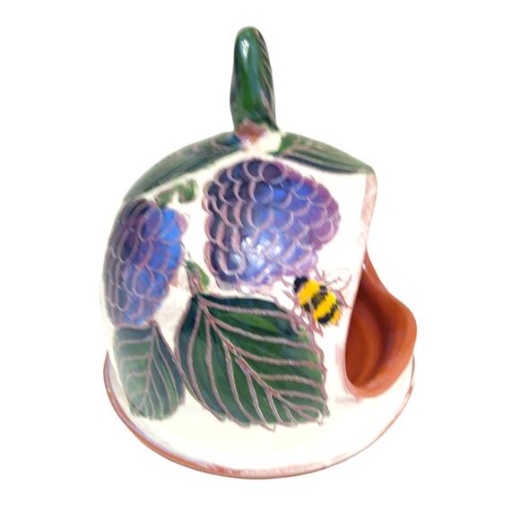 Artist Signed Christy Terracotta Bumble Bee and Grapes Tea Light Candle Holder - Picture 5 of 8